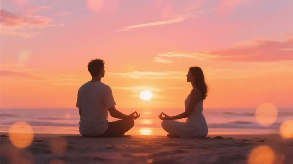 man and woman meditating at sunrise
