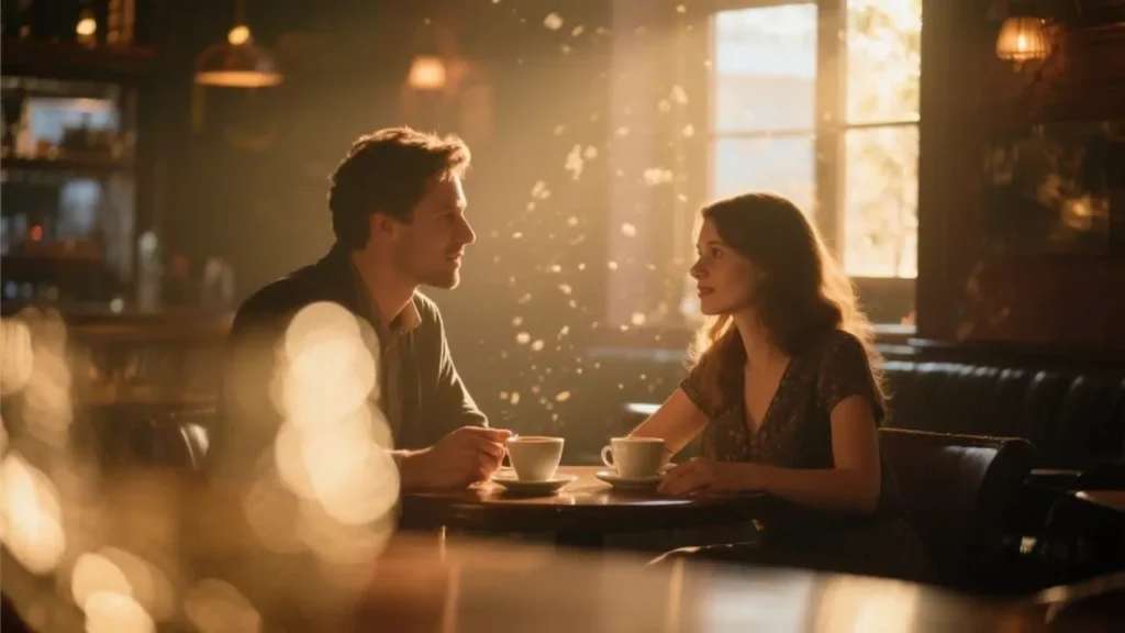 man and woman talking genuinely over a coffee in a romantic bar