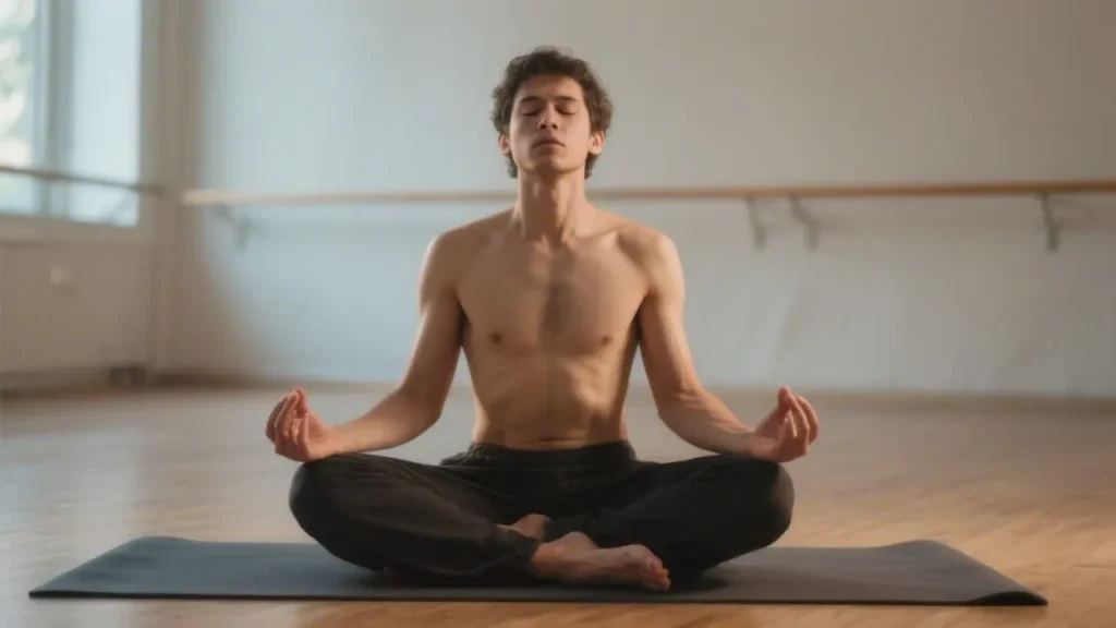 man sitting cross-legged on a yoga mat doing rapid breathing
