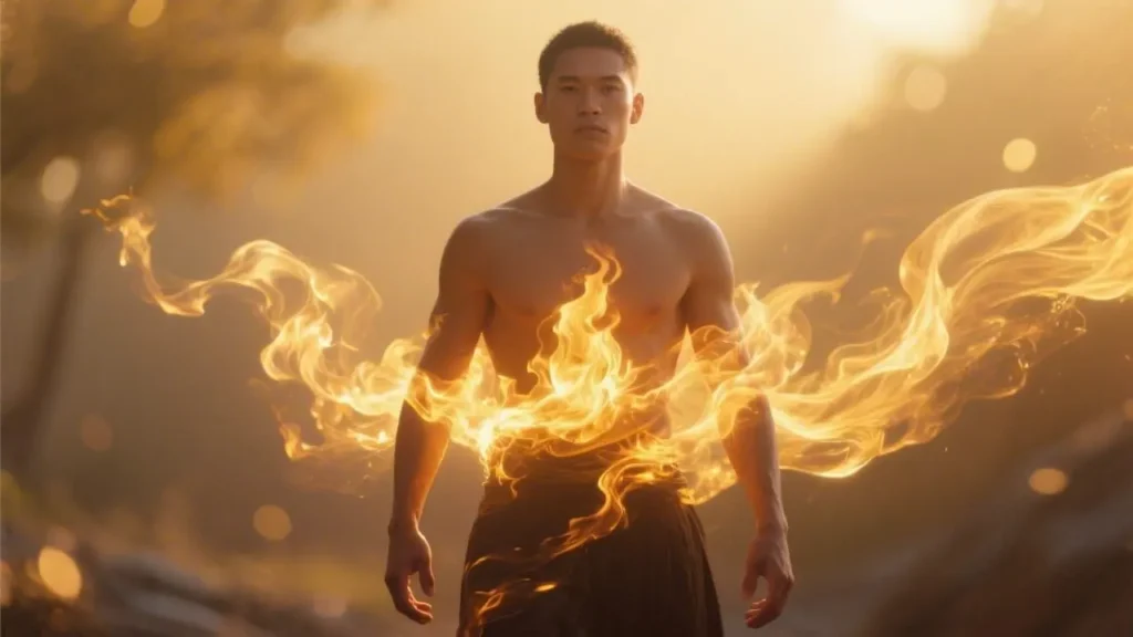 man standing with confident grounded posture with fire bursting around