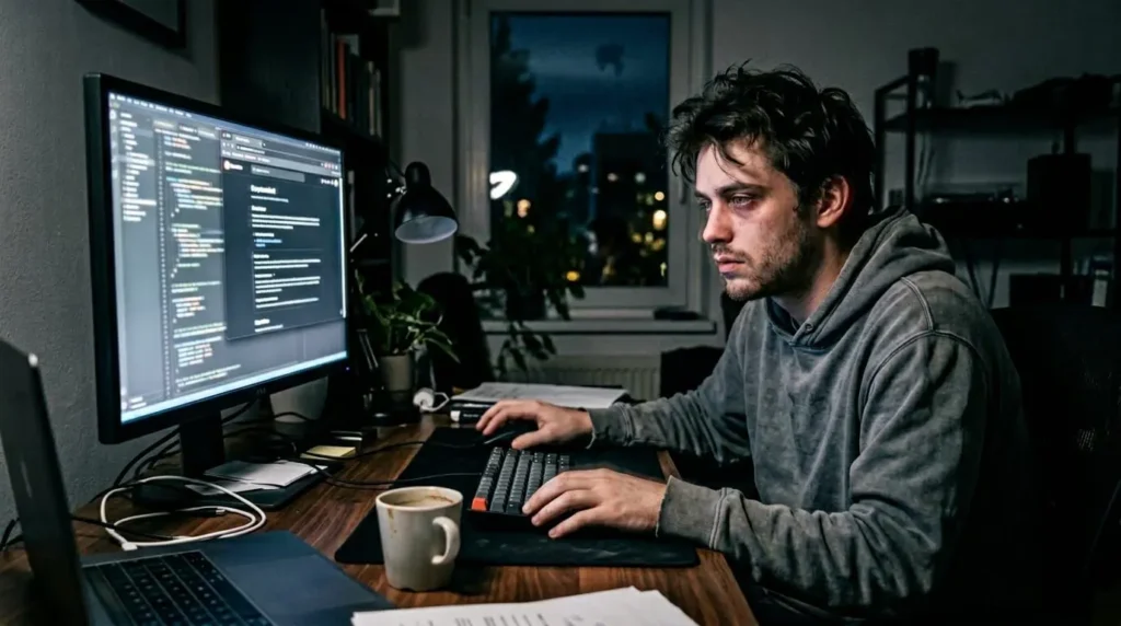 mildly sleep-deprived person sitting at a desk at nigh, staring at a screen