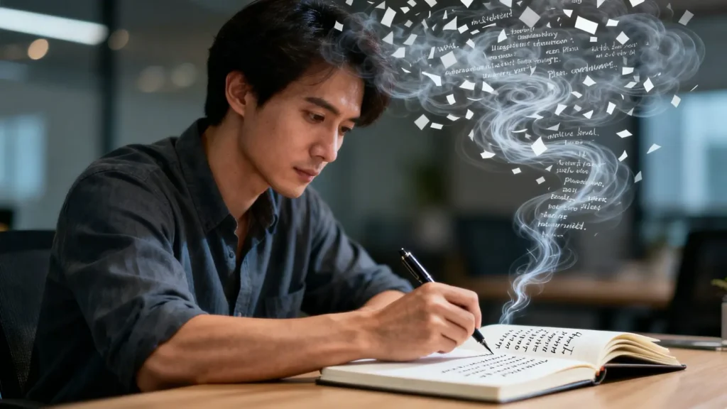 person sitting at a desk writing into a notebook