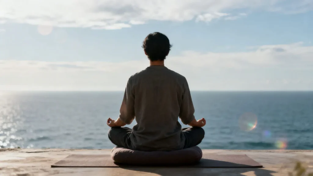 person sitting on a meditation cushion looking out at a vast ocean