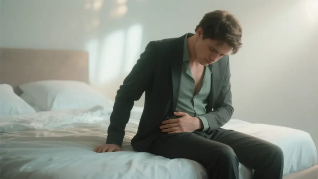 person sitting on the edge of a bed holding one hand over his stomach