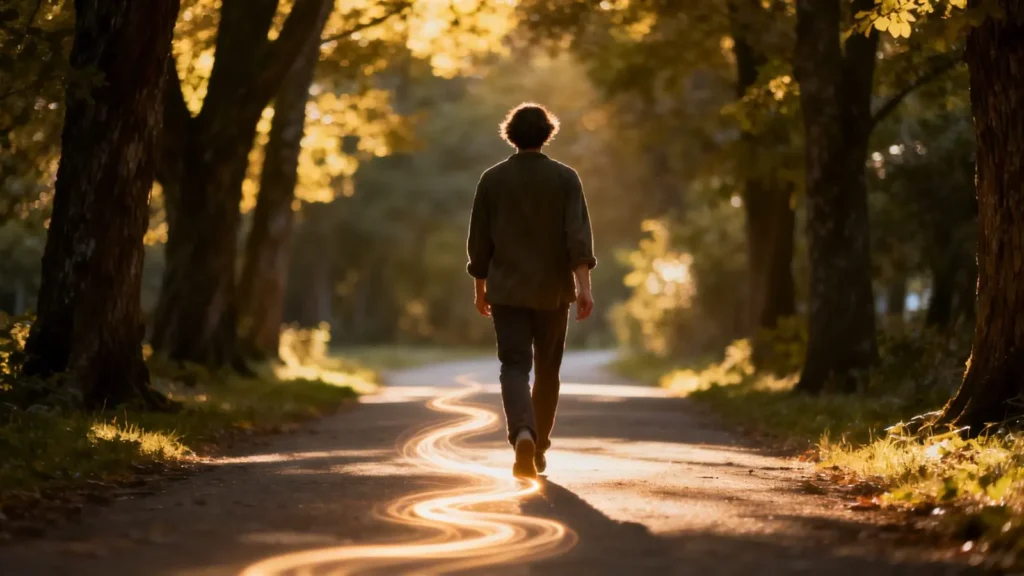 person walking along a tree-lined path