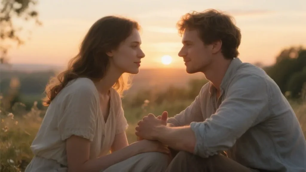 romantic couple looking at each other during a peaceful moment in nature