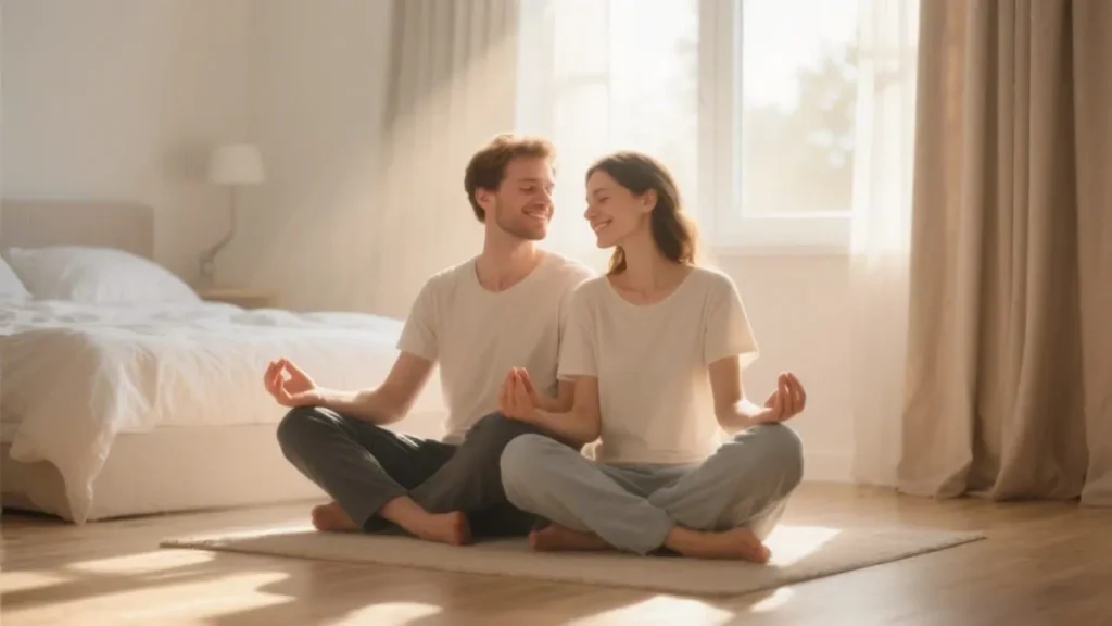 romantic couple sitting together in morning meditation on a sunlit bedroom floor