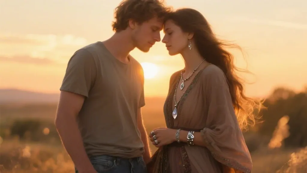 romantic couple standing close together at sunset foreheads touching