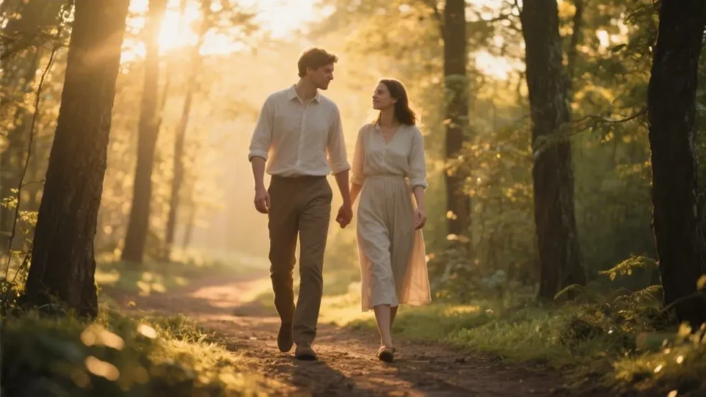 romantic couple walking slowly together along a forest path at golden hour