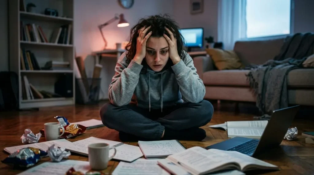severely sleep-deprived woman sitting on the floor surrounded by scattered papers