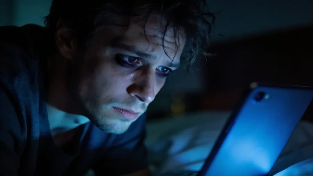 sleep-deprived man in a dark bedroom at night watching at his mobile phone