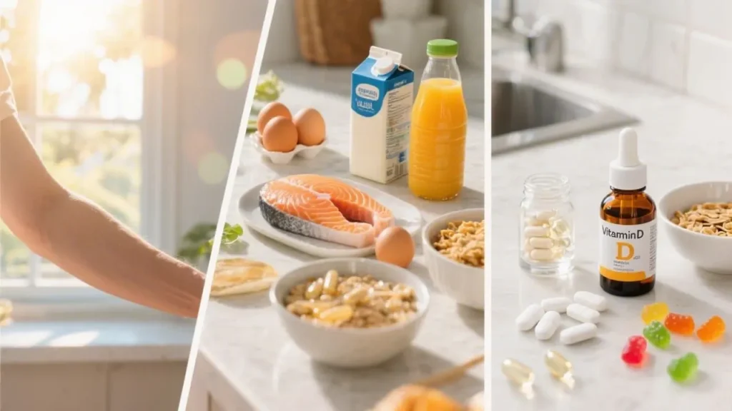 split composition showing three sources of vitamin D