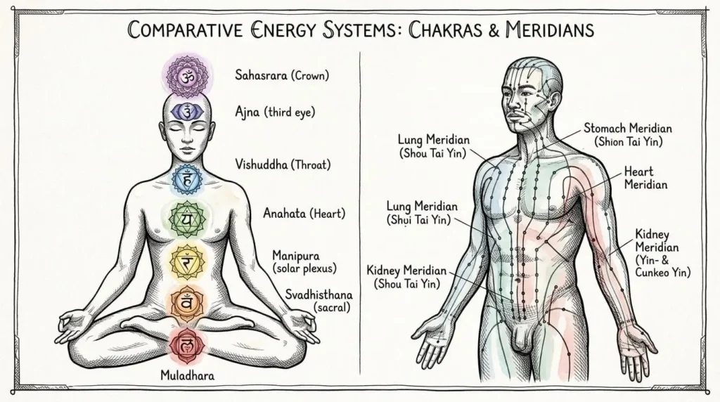 split illustration showing chakra system vs meridian system