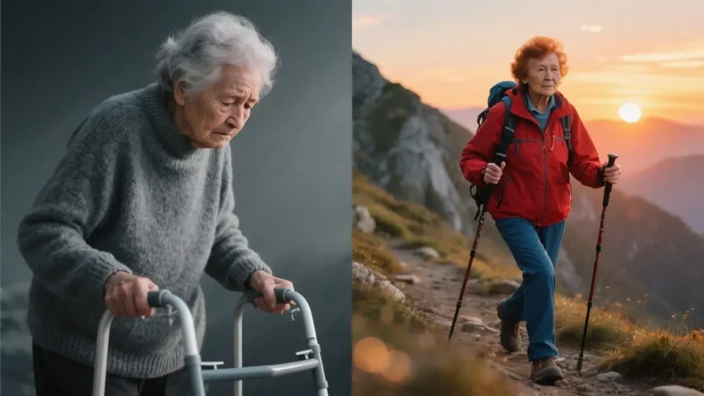 split-screen showing two older adults - person using walker, active person hiking