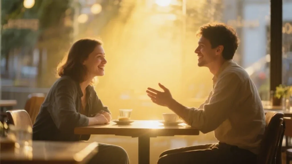 two people sitting across from each other at a small cafe table