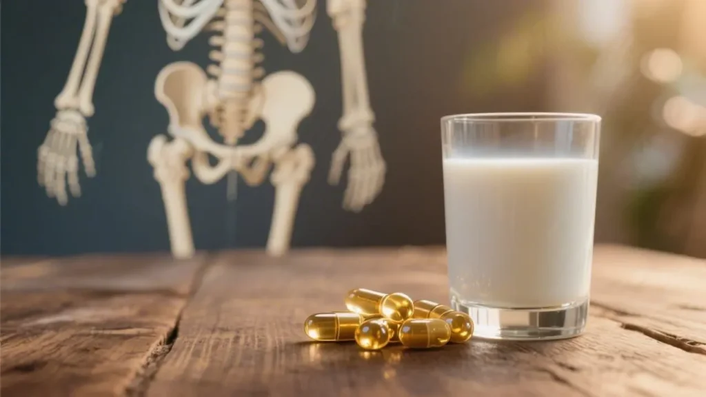 vitamin D capsules next to a glass of milk