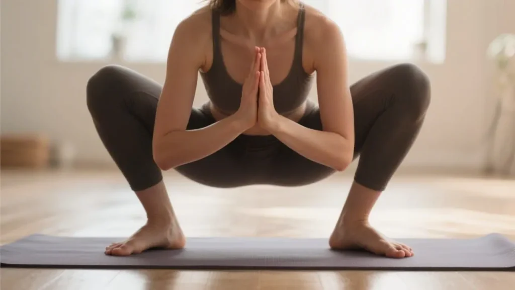 woman in malasana yoga pose (yogic squat)