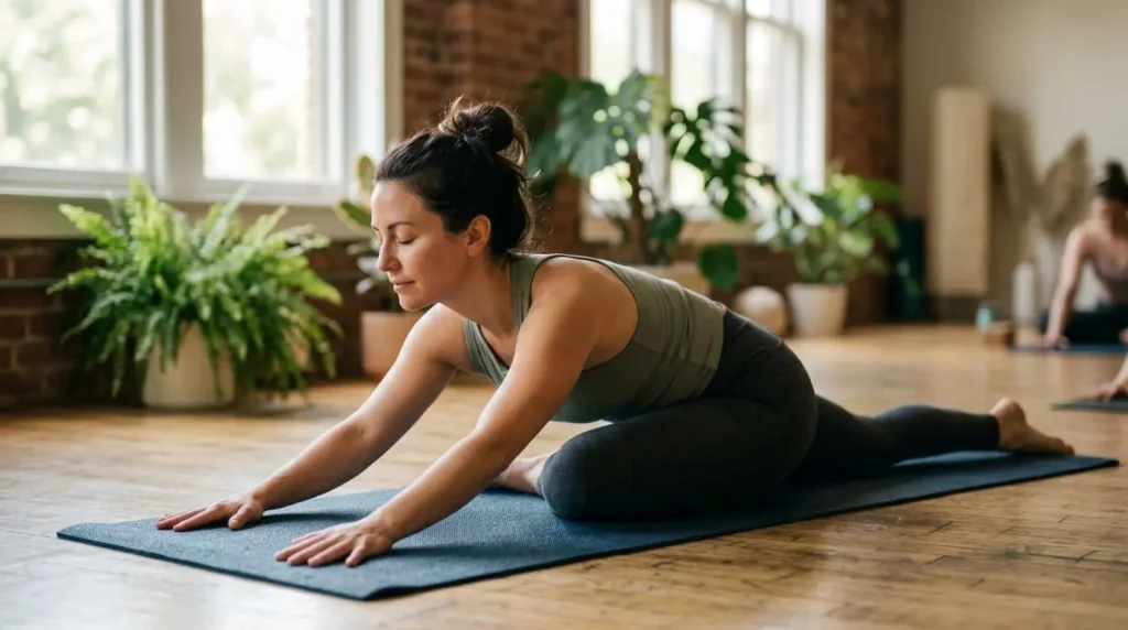 woman in yogic pigeon pose (eka pada rajakapotasana prep)