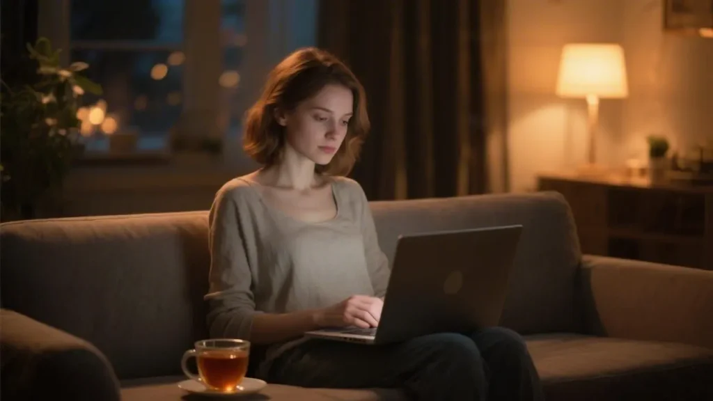 woman looking dating profiles at laptop while sitting on couch