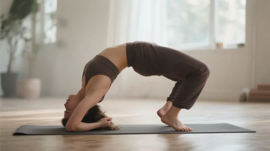 woman performing bridge pose (setu bandha sarvangasana)
