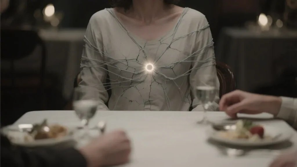 woman sitting at a table with a date with blocked solar plexus chakra