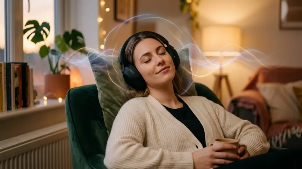 woman sitting comfortably and relaxing with headphones