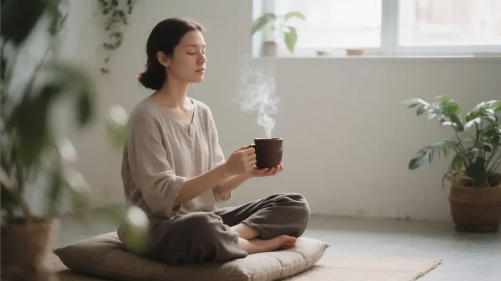 woman sitting cross-legged on cushion holding a warm ceramic mug of cacao