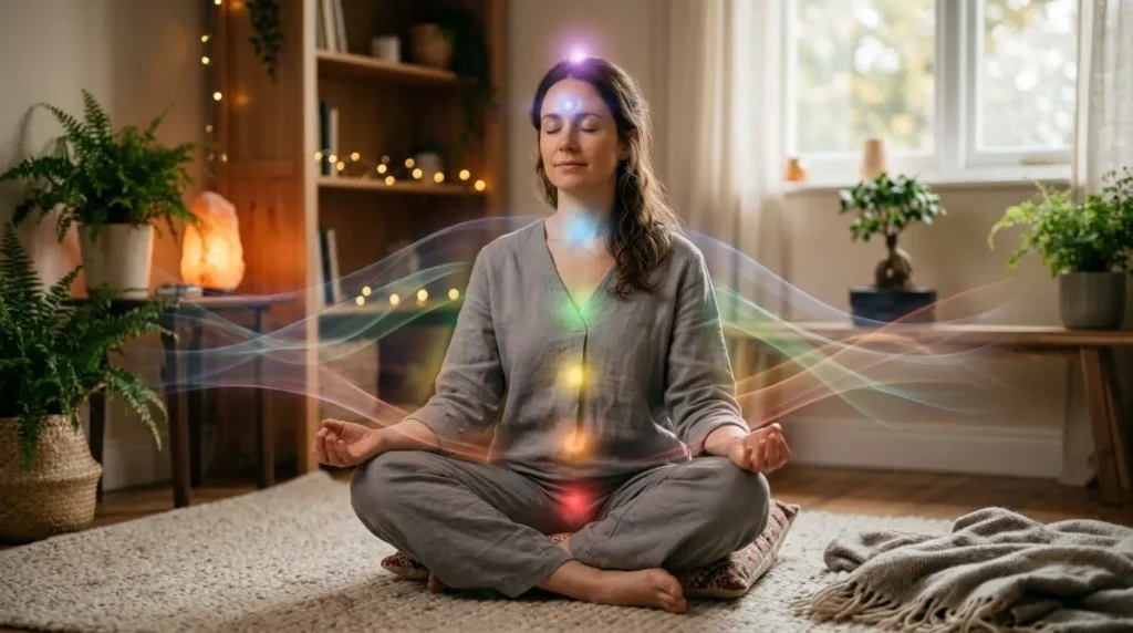 woman sitting in a relaxed meditative pose with chakras glowing