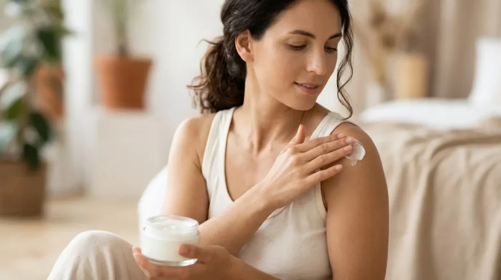 woman with healthy skin applying moisturizing CBD body cream to her shoulders