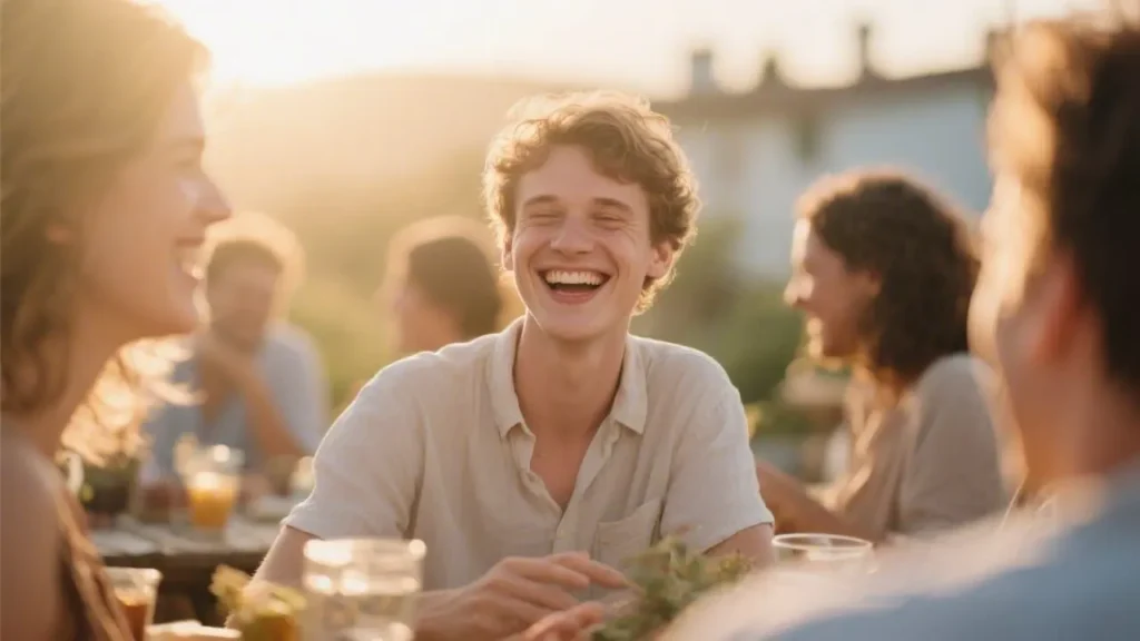 young man laughing genuinely in conversation at a casual gathering