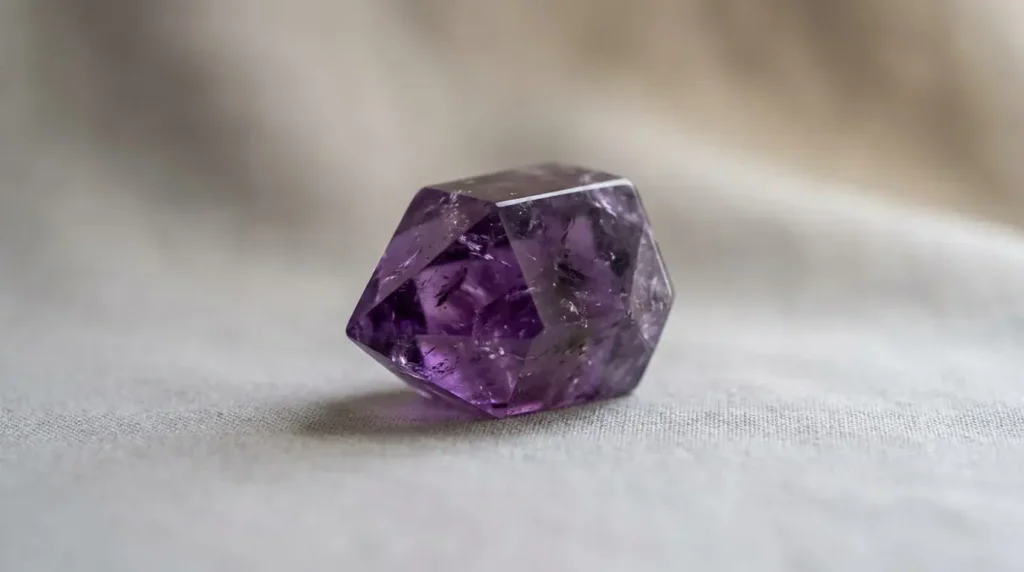 Close-up of a polished amethyst crystal on a soft neutral surface