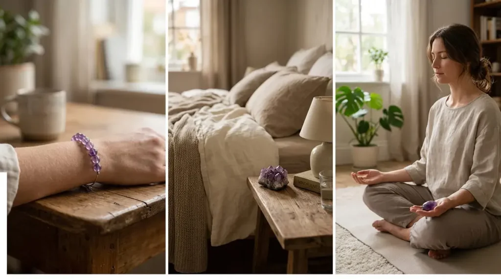 Three side-by-side scenes showing amethyst worn as a bracelet, placed on a bedside table, and held during meditation