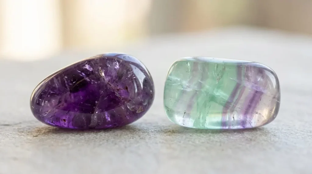 Two crystals, amethyst and fluorite, placed side by side on a calm surface representing emotional calm and mental clarity