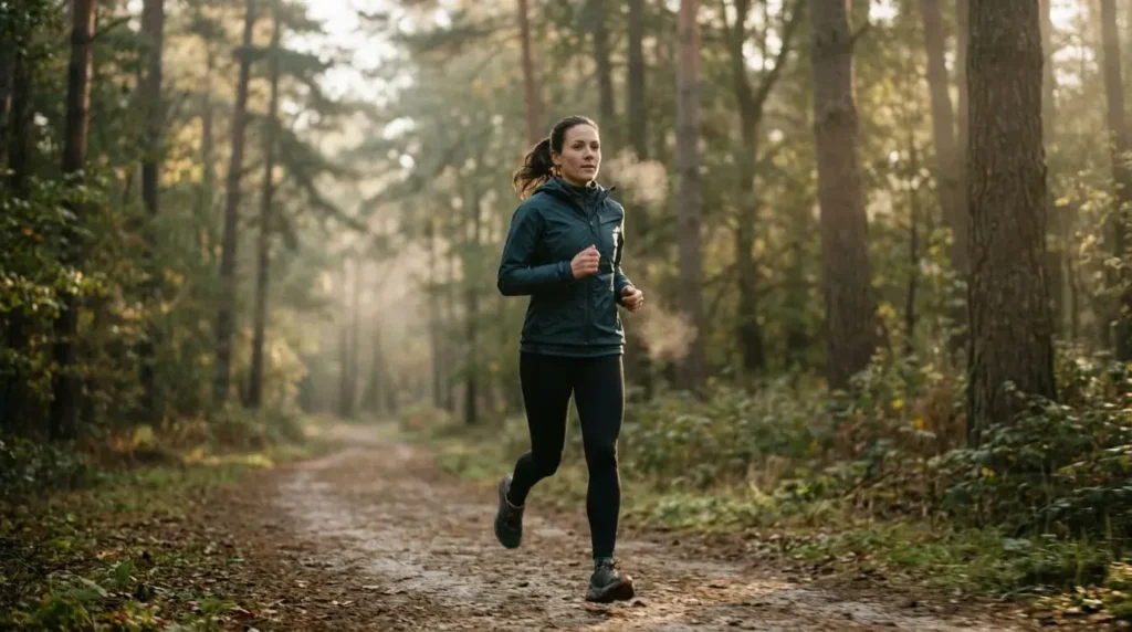 Runner in a calm natural setting showing rhythm, breathing control, and flow state focus