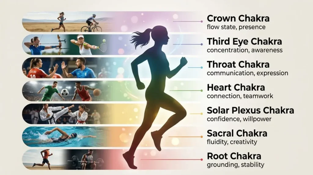 Infographic showing different sports linked to chakra qualities like grounding, creativity, confidence, connection, focus, and flow