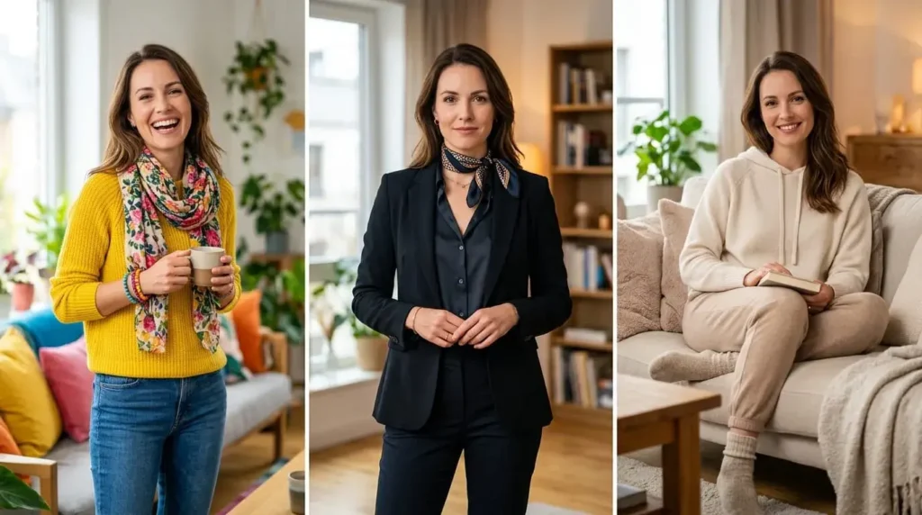 Three outfit styles showing bright colors for mood, dark formal wear for confidence, and neutral clothing for comfort