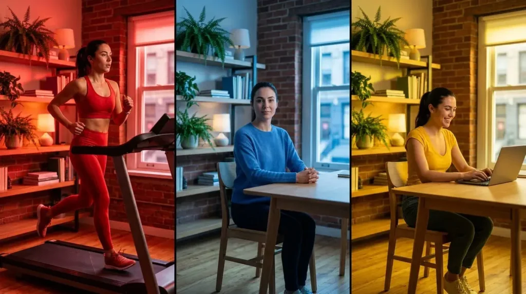 Three side-by-side scenes illustrating red for energy, blue for calm, and yellow for optimism