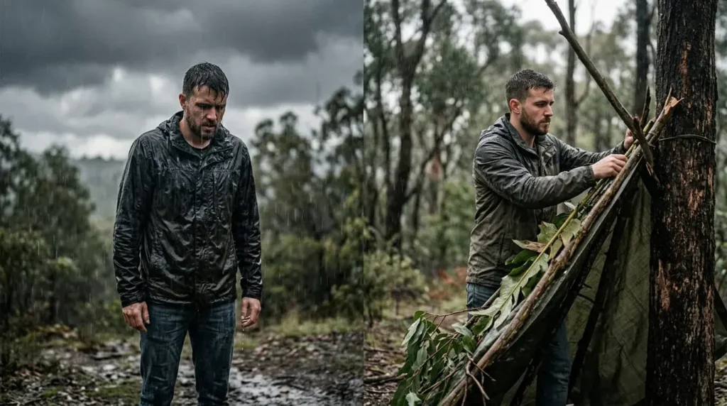 Person responding differently to the same storm symbolizing control over reactions not events