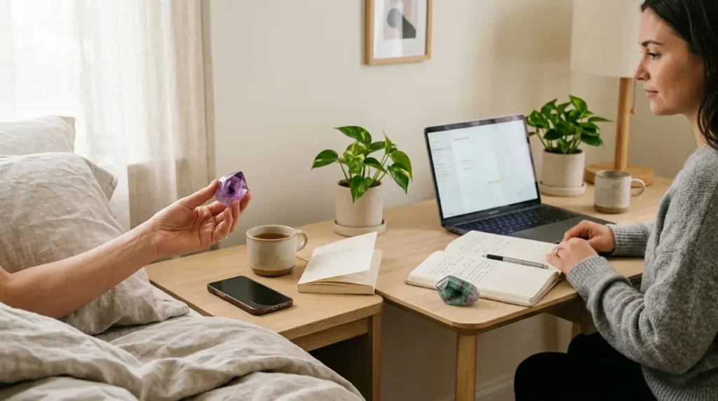 Minimal scene showing amethyst and fluorite crystals used in a simple daily mindfulness routine
