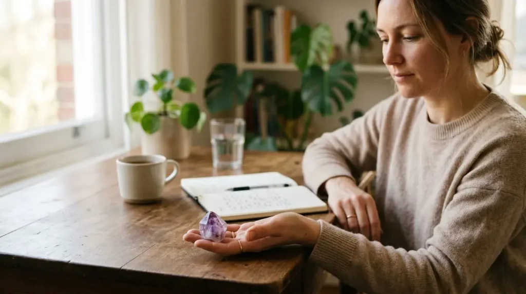 Person holding a crystal while sitting calmly at a desk in a softly lit room
