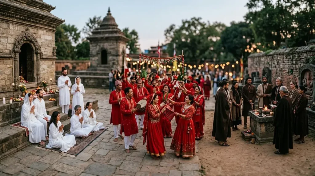 People in traditional clothing showing how white, red, and dark colors represent cultural meaning and identity