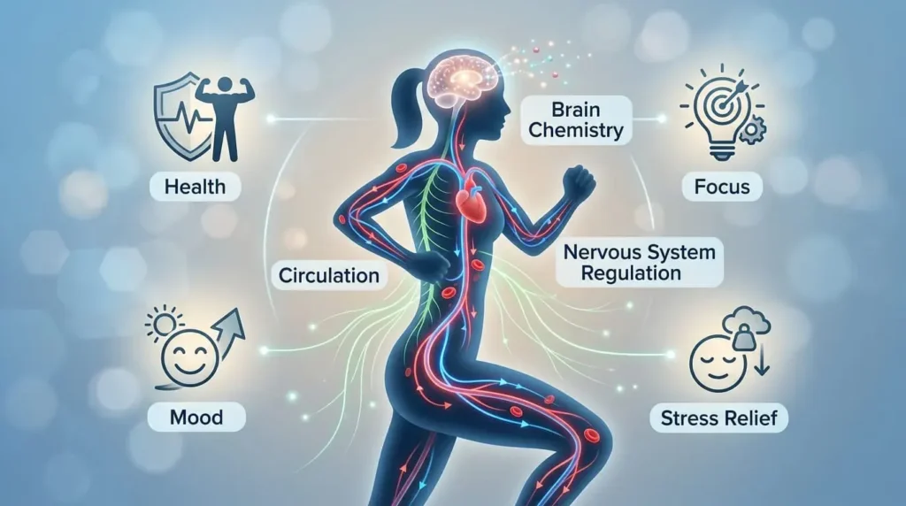 Infographic showing how exercise improves blood flow, brain chemicals, mood, and mental health