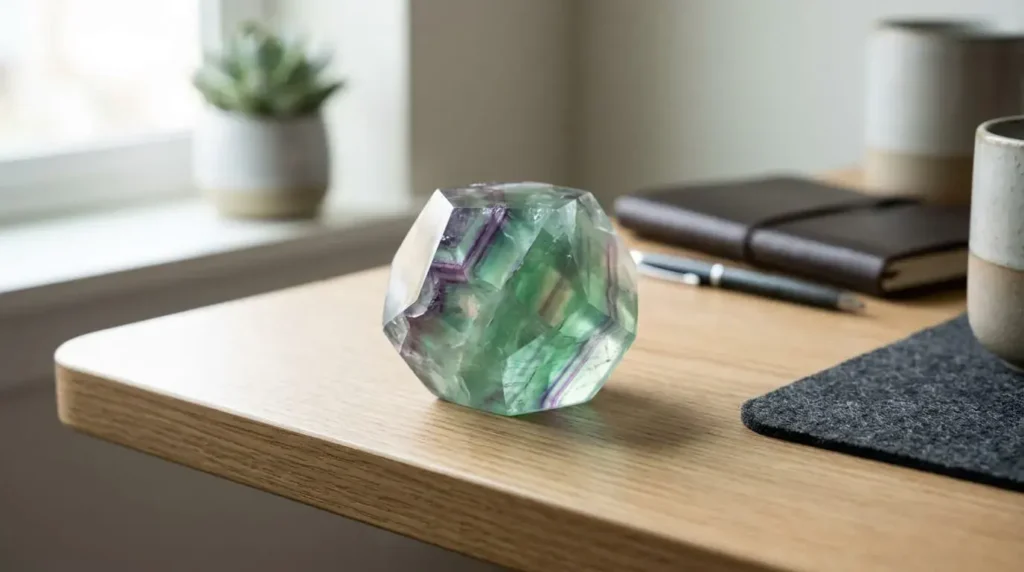 Close-up of a polished fluorite crystal on a clean desk surface