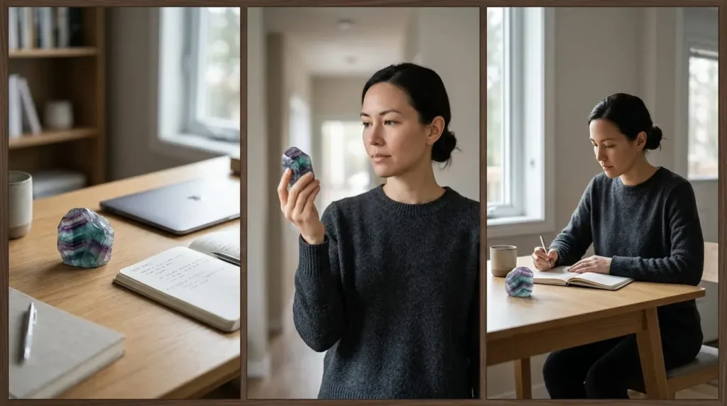 Three-panel image showing fluorite used at a study desk, before a conversation, and during reflection on a decision