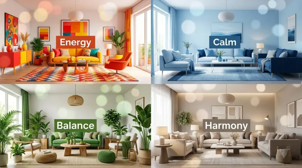 Four-room grid showing how different color palettes affect mood and energy