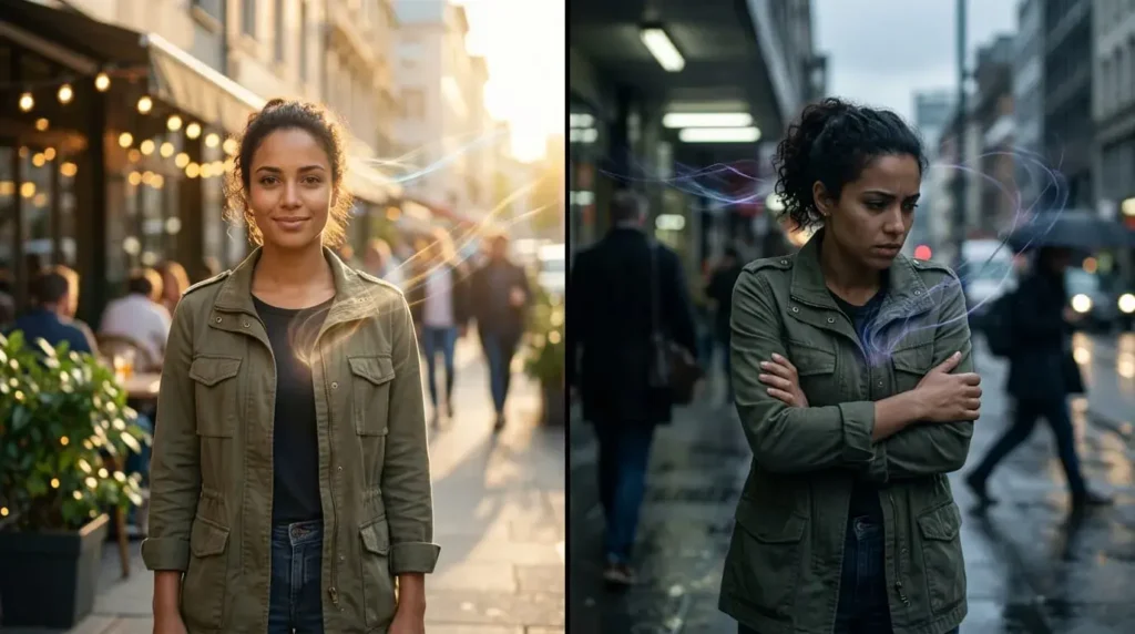 Split image showing positive and negative mindsets influencing life experiences and outcomes