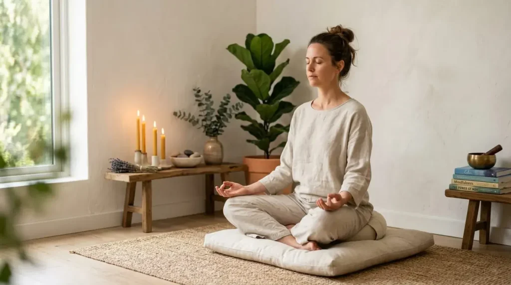 Person meditating in a small, intentionally arranged corner with calming decor