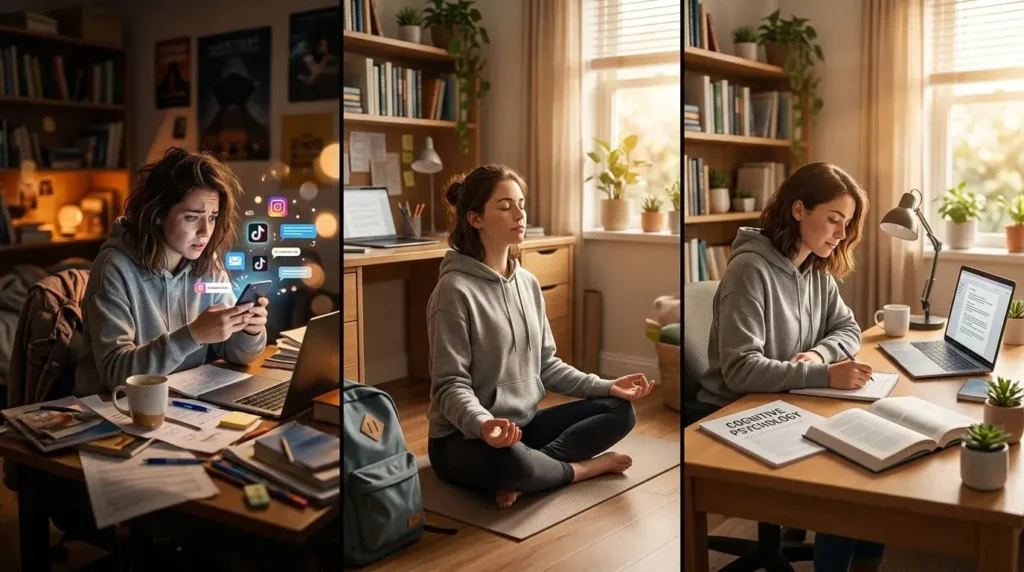 Visual sequence of student building better study habits with meditation