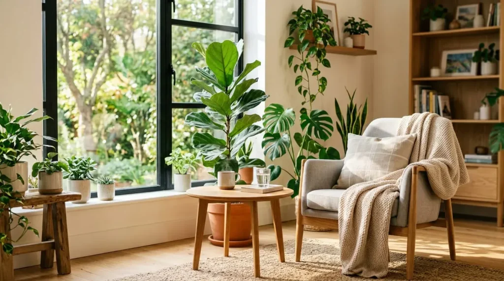 Bright room with indoor plants, natural light, and wooden textures creating a calming atmosphere