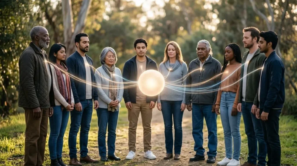 Diverse group of people connected by light symbolizing spiritual connection and shared awareness